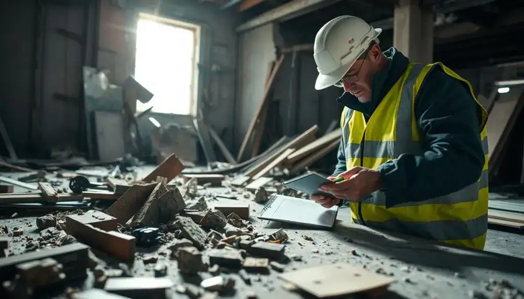A detailed scene depicting the process of damage assessment and dismantling, focused on the careful inspection of structural elements. In the foreground, a professional wearing safety gear examines broken materials using technical instruments, such as a caliper or clipboard, showcasing meticulous documentation. In the middle ground, various damaged materials and components are scattered, hinting at a complex evaluation process. The background features a partially dismantled structure, with clear evidence of damage, illuminated by soft, natural light streaming in from an open window, providing a calm yet focused atmosphere. The angle should be slightly elevated, capturing both the detailed inspections and the context of the environment, emphasizing the importance of accurate assessment in determining the value of damages. A detailed scene depicting the process of damage assessment and dismantling, focused on the careful inspection of structural elements. In the foreground, a professional wearing safety gear examines broken materials using technical instruments, such as a caliper or clipboard, showcasing meticulous documentation. In the middle ground, various damaged materials and components are scattered, hinting at a complex evaluation process. The background features a partially dismantled structure, with clear evidence of damage, illuminated by soft, natural light streaming in from an open window, providing a calm yet focused atmosphere. The angle should be slightly elevated, capturing both the detailed inspections and the context of the environment, emphasizing the importance of accurate assessment in determining the value of damages.
