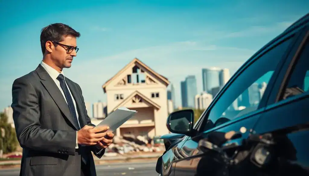 A detailed scene illustrating "insurance risk" in a business context. In the foreground, a professional insurance adjuster in a smart suit inspects a damaged vehicle, taking notes on a clipboard. In the middle ground, a semi-ruined house symbolizes property risk, with broken windows and scattered belongings. The background features a city skyline under a clear blue sky, suggesting a bustling environment. Soft, natural lighting enhances the focus on the adjuster and the vehicle, while creating a cautious atmosphere. The camera angle is slightly lower, highlighting the adjuster’s focused expression. Overall, convey a serious yet professional mood, emphasizing the theme of value loss versus market value in the insurance world. A detailed scene illustrating "insurance risk" in a business context. In the foreground, a professional insurance adjuster in a smart suit inspects a damaged vehicle, taking notes on a clipboard. In the middle ground, a semi-ruined house symbolizes property risk, with broken windows and scattered belongings. The background features a city skyline under a clear blue sky, suggesting a bustling environment. Soft, natural lighting enhances the focus on the adjuster and the vehicle, while creating a cautious atmosphere. The camera angle is slightly lower, highlighting the adjuster’s focused expression. Overall, convey a serious yet professional mood, emphasizing the theme of value loss versus market value in the insurance world.