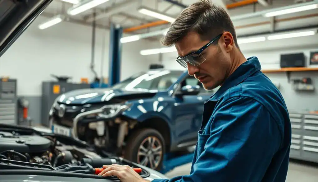 A detailed scene of a professional mechanic repairing a car in a well-lit garage environment. In the foreground, show the mechanic, wearing a blue jumpsuit and safety goggles, focused on inspecting the damaged engine with tools laid out nearby. In the middle ground, display the car on a hydraulic lift with visible dents and damaged parts. The background features organized tool cabinets and a workbench, creating a sense of an efficient workspace. Soft, natural lighting from overhead fixtures illuminates the area, enhancing the mood of diligence and professionalism. Capture the angle slightly from above to provide depth and context to the process of assessing vehicle repairs, with an emphasis on the mechanics of the damage. A detailed scene of a professional mechanic repairing a car in a well-lit garage environment. In the foreground, show the mechanic, wearing a blue jumpsuit and safety goggles, focused on inspecting the damaged engine with tools laid out nearby. In the middle ground, display the car on a hydraulic lift with visible dents and damaged parts. The background features organized tool cabinets and a workbench, creating a sense of an efficient workspace. Soft, natural lighting from overhead fixtures illuminates the area, enhancing the mood of diligence and professionalism. Capture the angle slightly from above to provide depth and context to the process of assessing vehicle repairs, with an emphasis on the mechanics of the damage.