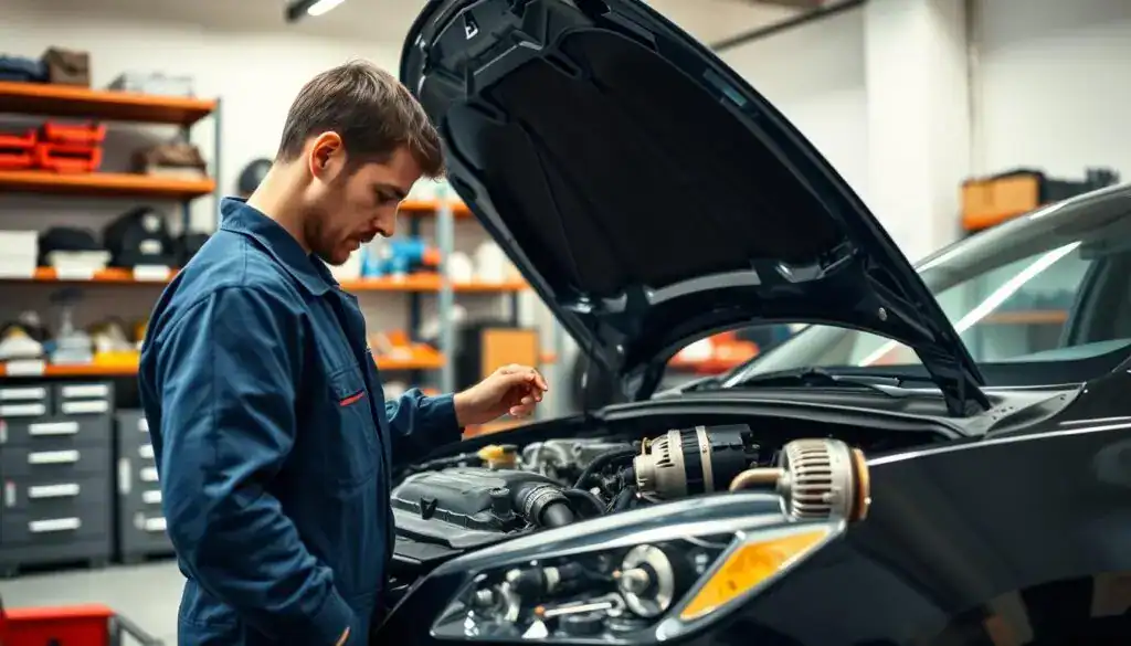 A detailed scene of a vehicle undergoing parts replacement in a bright, well-lit garage. In the foreground, a mechanic in professional blue coveralls is inspecting a car engine, tools neatly organized around him. The middle layer shows the car, with its hood open, revealing intricate machinery and various parts being replaced, including a shiny new alternator. In the background, shelves filled with automotive tools and spare parts add depth to the scene. Soft, diffused lighting casts gentle shadows, creating a focused atmosphere of diligence and professionalism. The composition emphasizes the importance of maintaining vehicle condition and the careful decision-making process involved in ensuring optimal performance. The image should convey a mood of industriousness and expertise. A detailed scene of a vehicle undergoing parts replacement in a bright, well-lit garage. In the foreground, a mechanic in professional blue coveralls is inspecting a car engine, tools neatly organized around him. The middle layer shows the car, with its hood open, revealing intricate machinery and various parts being replaced, including a shiny new alternator. In the background, shelves filled with automotive tools and spare parts add depth to the scene. Soft, diffused lighting casts gentle shadows, creating a focused atmosphere of diligence and professionalism. The composition emphasizes the importance of maintaining vehicle condition and the careful decision-making process involved in ensuring optimal performance. The image should convey a mood of industriousness and expertise.
