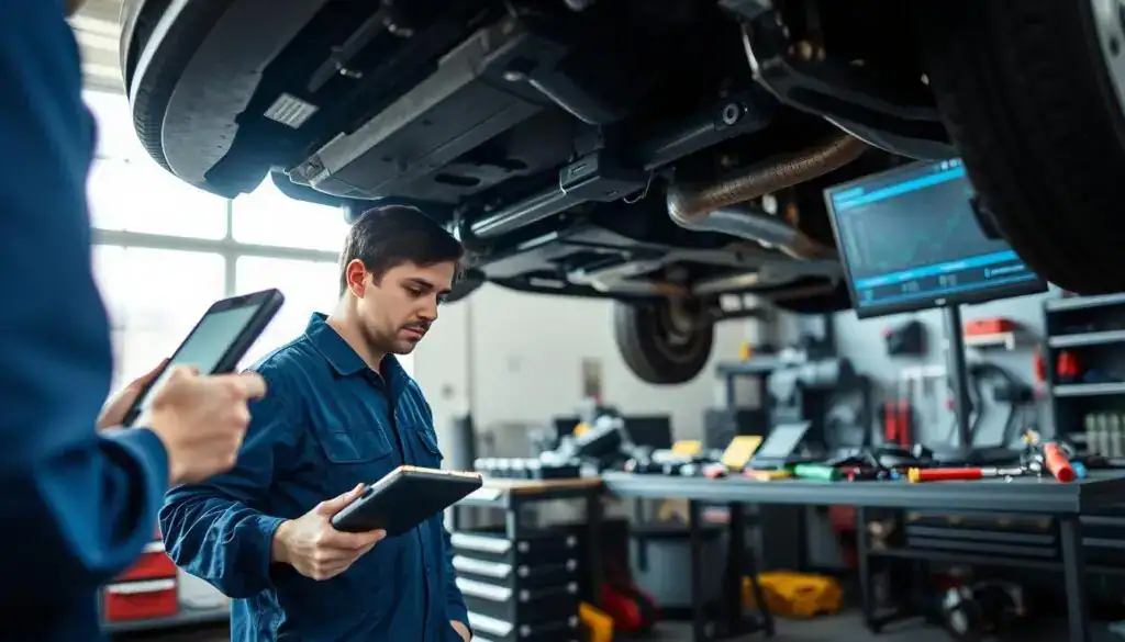 A detailed view of a technician inspecting the technical condition of a vehicle in a well-lit garage, emphasizing the car's undercarriage and mechanical components. In the foreground, a professional technician in a blue coverall is using a diagnostic tool, focused on a computer screen displaying technical data. In the middle ground, various tools and parts are organized on a bench, showcasing a busy yet orderly workspace. The background features a large window allowing natural light to stream in, casting soft shadows. The mood is professional and analytical, highlighting the importance of vehicle assessment in decision-making. The lighting is bright and even, enhancing clarity and detail, with a slightly elevated angle to capture both the technician and the vehicle's condition effectively. A detailed view of a technician inspecting the technical condition of a vehicle in a well-lit garage, emphasizing the car's undercarriage and mechanical components. In the foreground, a professional technician in a blue coverall is using a diagnostic tool, focused on a computer screen displaying technical data. In the middle ground, various tools and parts are organized on a bench, showcasing a busy yet orderly workspace. The background features a large window allowing natural light to stream in, casting soft shadows. The mood is professional and analytical, highlighting the importance of vehicle assessment in decision-making. The lighting is bright and even, enhancing clarity and detail, with a slightly elevated angle to capture both the technician and the vehicle's condition effectively.
