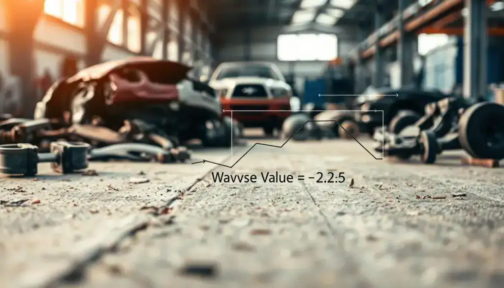 A detailed visual representation of "Wartość pozostałości w kontekście szkody całkowitej." In the foreground, display a set of damaged vehicle parts arranged artistically on a textured surface, emphasizing rust and wear to signify total loss. The middle ground features an analytical diagram or formula overlay related to salvage value, depicted in sleek, modern graphics. The background showcases a blurred, industrial environment with soft, natural light filtering through windows, creating a professional and contemplative atmosphere. The lens perspective is slightly angled downwards, focusing on the foreground elements while maintaining clarity in the diagram. The mood evokes a sense of analysis and evaluation, reflecting the critical importance of salvage value in total loss scenarios in a business-like setting. A detailed visual representation of "Wartość pozostałości w kontekście szkody całkowitej." In the foreground, display a set of damaged vehicle parts arranged artistically on a textured surface, emphasizing rust and wear to signify total loss. The middle ground features an analytical diagram or formula overlay related to salvage value, depicted in sleek, modern graphics. The background showcases a blurred, industrial environment with soft, natural light filtering through windows, creating a professional and contemplative atmosphere. The lens perspective is slightly angled downwards, focusing on the foreground elements while maintaining clarity in the diagram. The mood evokes a sense of analysis and evaluation, reflecting the critical importance of salvage value in total loss scenarios in a business-like setting.