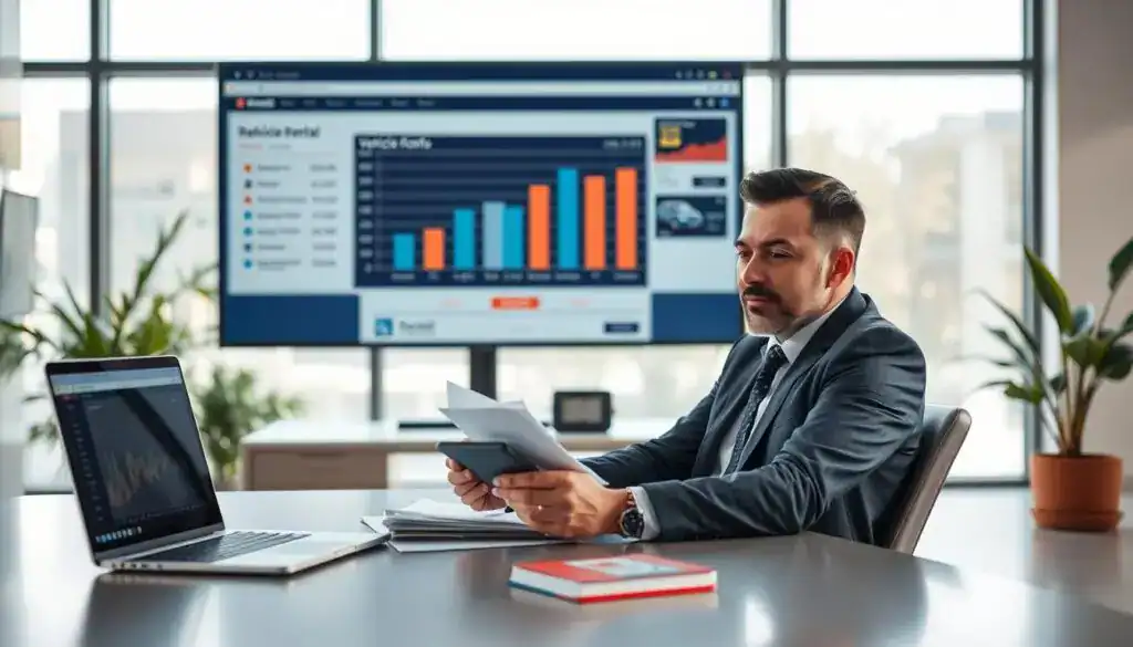 A detailed visualization of vehicle rental costs, focusing on a modern and organized office environment. In the foreground, a professional individual in business attire sits at a sleek desk, analyzing documents and a calculator with a thoughtful expression. In the middle ground, a large monitor displays a chart depicting rental expenses alongside an open laptop showing a vehicle rental website. The background features a bright, airy office with large windows allowing natural light to flood in, enhancing the atmosphere of professionalism and clarity. Soft, warm lighting creates an inviting mood, while a potted plant adds a touch of life. The angle is slightly elevated, providing a clear view of the workspace and the focused individual.