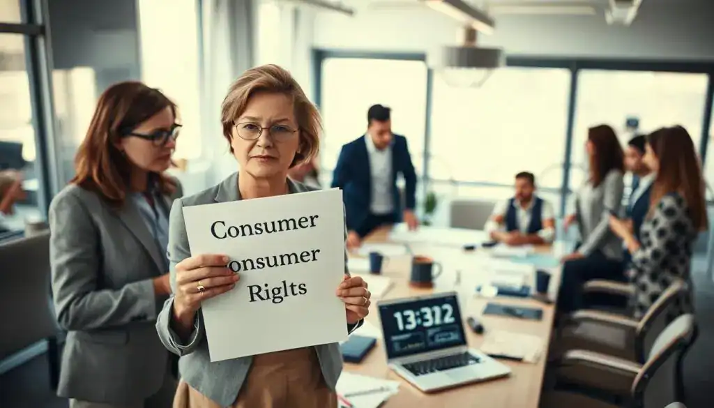 A dynamic office environment showcasing a diverse group of professionals engaged in a discussion about consumer rights. In the foreground, a middle-aged woman in business attire holds a document labeled 'Consumer Rights' with a focused expression. To her left, a young man in smart casual clothing takes notes. The middle scene features a modern conference table gathered with various documents, charts, and a laptop displaying a digital timer, symbolizing time limits. In the background, bright windows let in natural light, creating an open and inviting atmosphere. The overall mood is serious yet collaborative, reflecting the importance of understanding deadlines and exceptions in the context of consumer rights. Use soft, balanced lighting and a slightly angled view to emphasize engagement among the professionals. A dynamic office environment showcasing a diverse group of professionals engaged in a discussion about consumer rights. In the foreground, a middle-aged woman in business attire holds a document labeled 'Consumer Rights' with a focused expression. To her left, a young man in smart casual clothing takes notes. The middle scene features a modern conference table gathered with various documents, charts, and a laptop displaying a digital timer, symbolizing time limits. In the background, bright windows let in natural light, creating an open and inviting atmosphere. The overall mood is serious yet collaborative, reflecting the importance of understanding deadlines and exceptions in the context of consumer rights. Use soft, balanced lighting and a slightly angled view to emphasize engagement among the professionals.