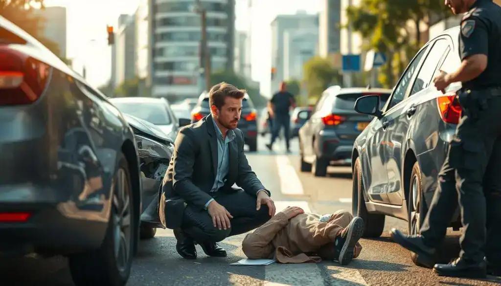A dynamic urban scene depicting a car accident involving two vehicles on a busy street. In the foreground, a concerned individual in professional attire kneels beside an injured pedestrian, demonstrating responsibility and empathy. Their expression conveys urgency and care. The middle ground features the cars with visible damage, creating a sense of urgency, while nearby a police officer is taking notes about the accident. In the background, a bustling cityscape with blurred movement of passing cars and pedestrians, emphasizing the chaos of the scene. Soft, natural daylight filters through the scene, casting shadows and highlighting the emotions of the individuals involved. The atmosphere is tense yet focused on the responsibility towards third parties affected by the accident. A dynamic urban scene depicting a car accident involving two vehicles on a busy street. In the foreground, a concerned individual in professional attire kneels beside an injured pedestrian, demonstrating responsibility and empathy. Their expression conveys urgency and care. The middle ground features the cars with visible damage, creating a sense of urgency, while nearby a police officer is taking notes about the accident. In the background, a bustling cityscape with blurred movement of passing cars and pedestrians, emphasizing the chaos of the scene. Soft, natural daylight filters through the scene, casting shadows and highlighting the emotions of the individuals involved. The atmosphere is tense yet focused on the responsibility towards third parties affected by the accident.