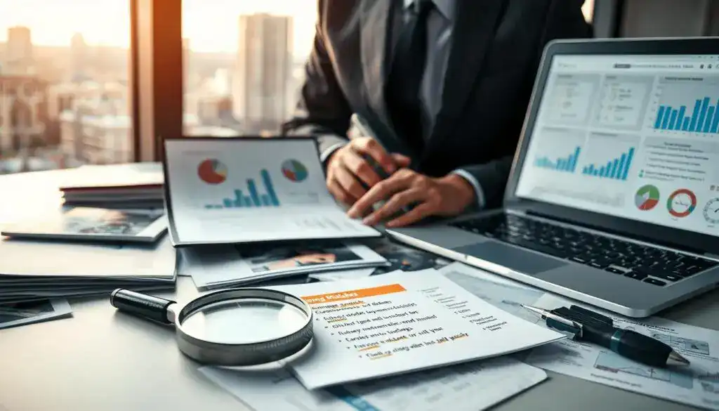 A focused analysis scene depicting a professional insurance adjuster, dressed in smart business attire, meticulously examining damage reports on a desk cluttered with photographs and paperwork. In the foreground, a magnifying glass lies beside handwritten notes with highlighted sections indicating common mistakes in damage analysis. The middle ground features a laptop displaying charts and statistics on risk assessment and damage valuation. In the background, a large window reveals a cityscape bathed in soft natural light, suggesting a late afternoon. The overall atmosphere is serious and meticulous, capturing the essence of thorough investigation and attention to detail in damage analysis. The scene is composed with a slight depth of field to emphasize the adjuster’s focused work. A focused analysis scene depicting a professional insurance adjuster, dressed in smart business attire, meticulously examining damage reports on a desk cluttered with photographs and paperwork. In the foreground, a magnifying glass lies beside handwritten notes with highlighted sections indicating common mistakes in damage analysis. The middle ground features a laptop displaying charts and statistics on risk assessment and damage valuation. In the background, a large window reveals a cityscape bathed in soft natural light, suggesting a late afternoon. The overall atmosphere is serious and meticulous, capturing the essence of thorough investigation and attention to detail in damage analysis. The scene is composed with a slight depth of field to emphasize the adjuster’s focused work.