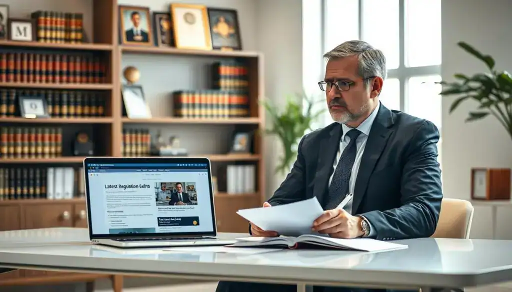 A focused lawyer specializing in compensation claims sits at a sleek, modern desk in a well-lit, contemporary office. The foreground features the lawyer, a middle-aged professional in a tailored dark suit, with a thoughtful expression as they review legal documents and case files. In the middle ground, a laptop displays legal software and the latest regulations on compensation. Behind the lawyer, shelves filled with law books and framed accolades suggest expertise. Soft natural light pours in from a large window, creating a warm and inviting atmosphere. The overall mood conveys seriousness and professionalism, emphasizing diligence and the importance of careful legal considerations. A focused lawyer specializing in compensation claims sits at a sleek, modern desk in a well-lit, contemporary office. The foreground features the lawyer, a middle-aged professional in a tailored dark suit, with a thoughtful expression as they review legal documents and case files. In the middle ground, a laptop displays legal software and the latest regulations on compensation. Behind the lawyer, shelves filled with law books and framed accolades suggest expertise. Soft natural light pours in from a large window, creating a warm and inviting atmosphere. The overall mood conveys seriousness and professionalism, emphasizing diligence and the importance of careful legal considerations.