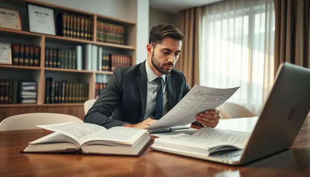 A focused legal translator seated at a modern conference table, reviewing complex legal documents with precision. In the foreground, an open law book and a laptop displaying multiple languages. The translator, a professional in business attire, looks thoughtfully at the papers while making notes. The middle ground features a large window with soft daylight flooding the room, casting gentle shadows that enhance concentration. The background includes shelves filled with law books and framed diplomas, creating an atmosphere of authority and expertise. The overall mood is serious yet collaborative, emphasizing the importance of clear communication in legal processes. The image should convey professionalism and dedication without any text or watermarks. A focused legal translator seated at a modern conference table, reviewing complex legal documents with precision. In the foreground, an open law book and a laptop displaying multiple languages. The translator, a professional in business attire, looks thoughtfully at the papers while making notes. The middle ground features a large window with soft daylight flooding the room, casting gentle shadows that enhance concentration. The background includes shelves filled with law books and framed diplomas, creating an atmosphere of authority and expertise. The overall mood is serious yet collaborative, emphasizing the importance of clear communication in legal processes. The image should convey professionalism and dedication without any text or watermarks.