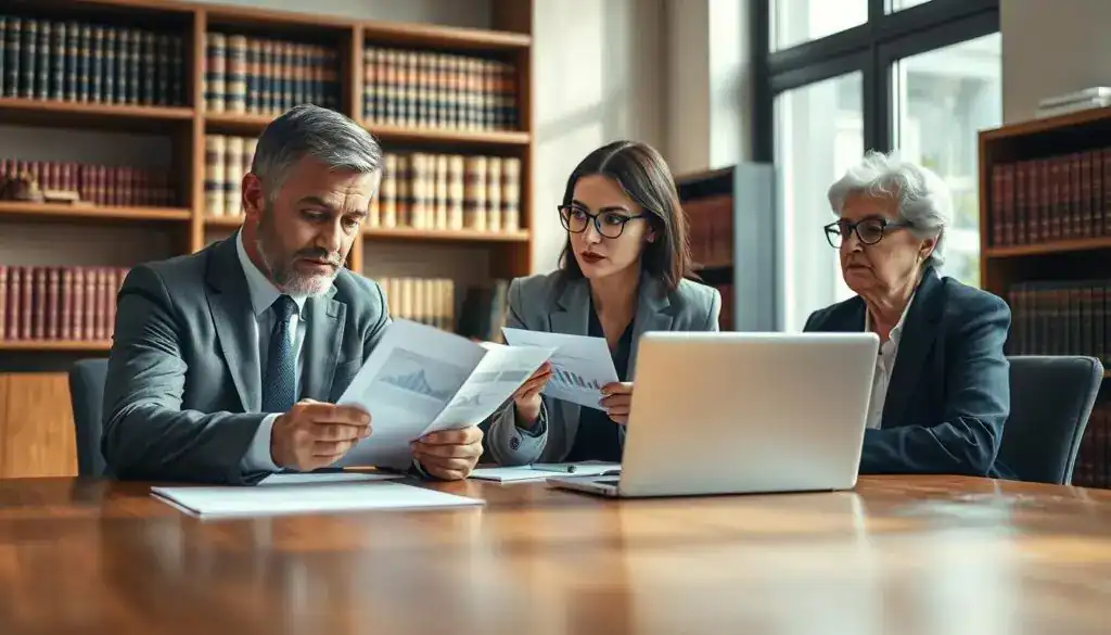 A focused office setting, showcasing a diverse group of three professionals engaged in a discussion around a large wooden conference table. The foreground features a middle-aged man in a business suit, studying a document intently, while a young woman in professional attire gestures towards her laptop, displaying graphs and data. A thoughtful, older woman wearing glasses watches attentively. In the background, shelves filled with law books and a large window let in soft natural light, creating a warm yet serious atmosphere. The scene conveys an air of diligence and scrutiny, highlighting the importance of verification in decision-making processes. The perspective should be slightly angled to capture all three figures and the detailed office decor, while emphasizing the collaborative environment. A focused office setting, showcasing a diverse group of three professionals engaged in a discussion around a large wooden conference table. The foreground features a middle-aged man in a business suit, studying a document intently, while a young woman in professional attire gestures towards her laptop, displaying graphs and data. A thoughtful, older woman wearing glasses watches attentively. In the background, shelves filled with law books and a large window let in soft natural light, creating a warm yet serious atmosphere. The scene conveys an air of diligence and scrutiny, highlighting the importance of verification in decision-making processes. The perspective should be slightly angled to capture all three figures and the detailed office decor, while emphasizing the collaborative environment.