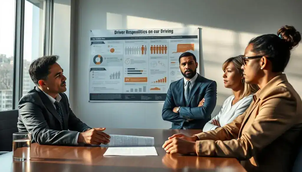 A focused scene depicting a serious discussion about driver responsibility, reflecting the influence of alcohol and drugs on driving. In the foreground, a group of three diverse individuals dressed in professional business attire are engaged in a meeting around a conference table. One person gestures towards a document titled "Driver Regulations" while another looks on thoughtfully. In the middle ground, on a wall, there is a large infographic illustrating statistics related to impaired driving. The background features a modern office setting with large windows allowing natural light to stream in, casting soft shadows across the room. The atmosphere is tense yet professional, inviting contemplation on the impacts of substance use on driving. Soft lighting enhances the gravity of the subject without overshadowing the individuals' expressions. A focused scene depicting a serious discussion about driver responsibility, reflecting the influence of alcohol and drugs on driving. In the foreground, a group of three diverse individuals dressed in professional business attire are engaged in a meeting around a conference table. One person gestures towards a document titled "Driver Regulations" while another looks on thoughtfully. In the middle ground, on a wall, there is a large infographic illustrating statistics related to impaired driving. The background features a modern office setting with large windows allowing natural light to stream in, casting soft shadows across the room. The atmosphere is tense yet professional, inviting contemplation on the impacts of substance use on driving. Soft lighting enhances the gravity of the subject without overshadowing the individuals' expressions.