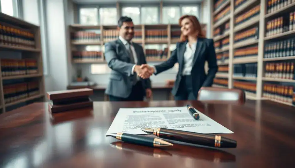 A formal setting that depicts a legal negotiation room, emphasizing a "postanowienie ugody" document placed on a polished mahogany table in the foreground. The document is elegantly presented with a fountain pen beside it, symbolizing agreement and resolution. In the middle ground, two individuals in professional business attire, one male and one female, are shaking hands over the table, illustrating the conclusion of a legal compromise. In the background, soft-focus shelves filled with law books add depth, while natural light streams through large windows, creating a warm and inviting atmosphere. The overall mood is one of professionalism, cooperation, and hope, reflecting the importance of the legal resolution process. A formal setting that depicts a legal negotiation room, emphasizing a "postanowienie ugody" document placed on a polished mahogany table in the foreground. The document is elegantly presented with a fountain pen beside it, symbolizing agreement and resolution. In the middle ground, two individuals in professional business attire, one male and one female, are shaking hands over the table, illustrating the conclusion of a legal compromise. In the background, soft-focus shelves filled with law books add depth, while natural light streams through large windows, creating a warm and inviting atmosphere. The overall mood is one of professionalism, cooperation, and hope, reflecting the importance of the legal resolution process.