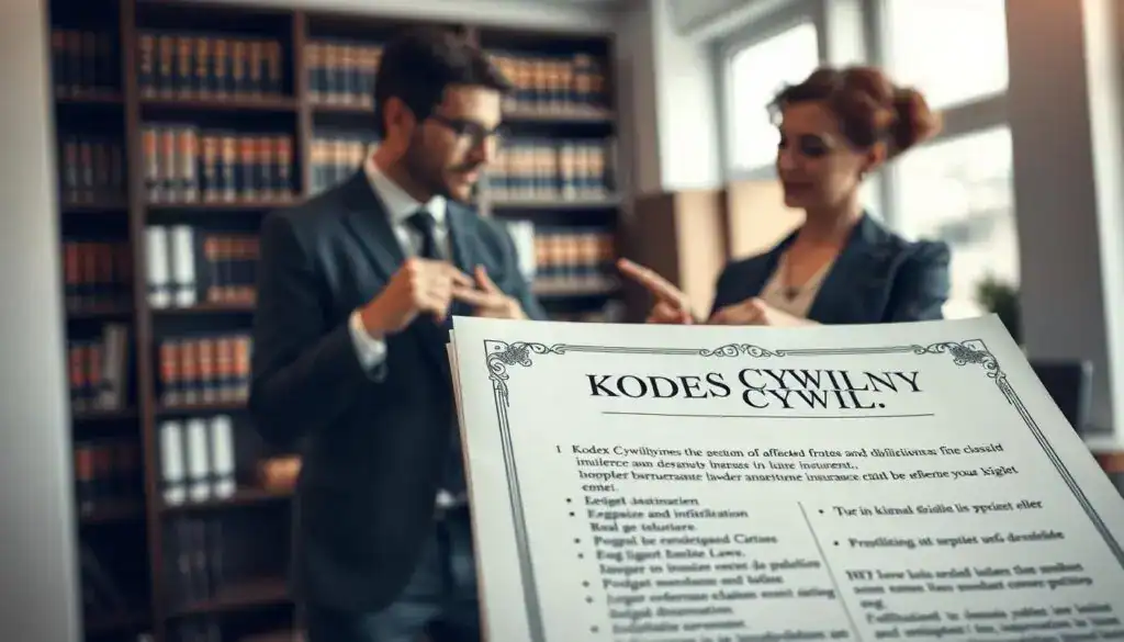 A legal document titled "Kodeks Cywilny" prominently displayed in the foreground, open to a page detailing the obligations of the affected party in an insurance claim. The document features elegant, serif font and intricate borders that evoke a formal, authoritative atmosphere. In the middle ground, a pair of professional individuals in business attire—one man and one woman—are engaged in a focused discussion, pointing at the document with serious expressions, indicating the importance of understanding these obligations. The background includes a well-lit office setting with bookshelves filled with law books and a large window allowing soft daylight to filter through, creating a warm and inviting ambiance. The mood is serious yet collaborative, emphasizing the importance of legal knowledge in navigating insurance processes. The scene is captured from a slight angle to provide depth, showcasing both the document and the professionals in action. A legal document titled "Kodeks Cywilny" prominently displayed in the foreground, open to a page detailing the obligations of the affected party in an insurance claim. The document features elegant, serif font and intricate borders that evoke a formal, authoritative atmosphere. In the middle ground, a pair of professional individuals in business attire—one man and one woman—are engaged in a focused discussion, pointing at the document with serious expressions, indicating the importance of understanding these obligations. The background includes a well-lit office setting with bookshelves filled with law books and a large window allowing soft daylight to filter through, creating a warm and inviting ambiance. The mood is serious yet collaborative, emphasizing the importance of legal knowledge in navigating insurance processes. The scene is captured from a slight angle to provide depth, showcasing both the document and the professionals in action.