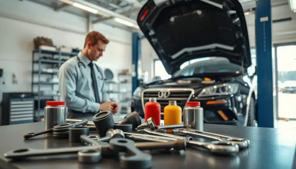 A mechanic in a well-lit, modern garage is repairing a car’s engine. In the foreground, tools are laid out neatly on a workbench, showcasing wrenches, screwdrivers, and oil cans, reflecting attention to detail. The mechanic, dressed in professional business attire, is focused on work, demonstrating skill and expertise. In the middle ground, the car is raised on a hydraulic lift, its hood open, with various engine components partially visible. The background features shelves filled with neatly organized parts and a large window allowing natural light to flood the space, enhancing the atmosphere of productivity. The overall mood is one of professionalism and precision, emphasizing practical expertise in automotive repair. A mechanic in a well-lit, modern garage is repairing a car’s engine. In the foreground, tools are laid out neatly on a workbench, showcasing wrenches, screwdrivers, and oil cans, reflecting attention to detail. The mechanic, dressed in professional business attire, is focused on work, demonstrating skill and expertise. In the middle ground, the car is raised on a hydraulic lift, its hood open, with various engine components partially visible. The background features shelves filled with neatly organized parts and a large window allowing natural light to flood the space, enhancing the atmosphere of productivity. The overall mood is one of professionalism and precision, emphasizing practical expertise in automotive repair.