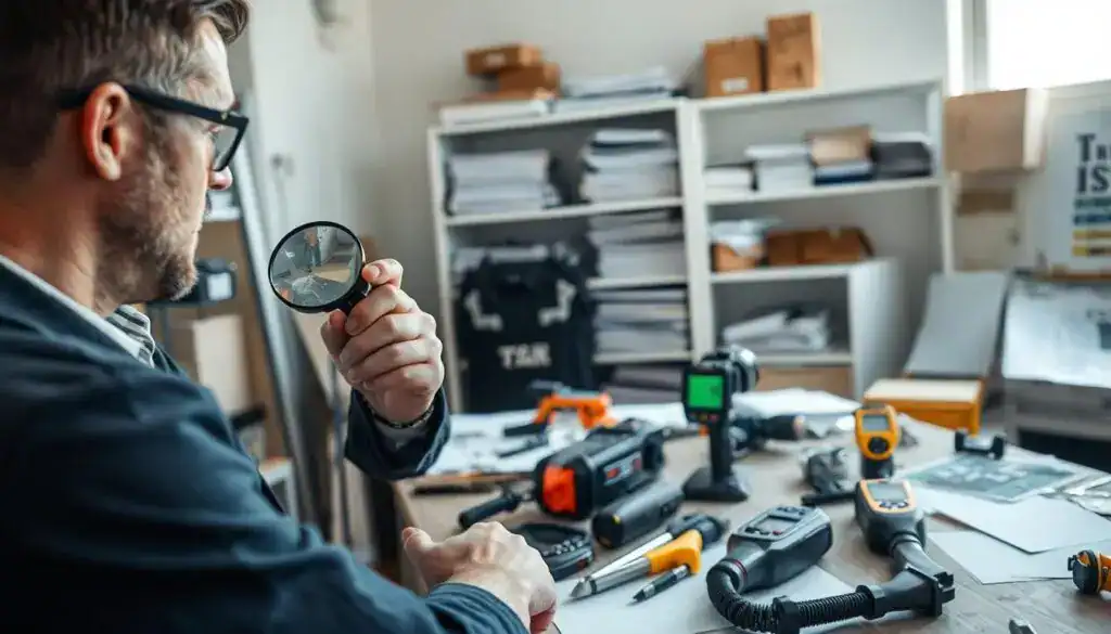 A meticulous room filled with tools and equipment for inspecting hidden damages. In the foreground, a professional investigator in smart casual clothing inspects a damaged surface using a magnifying glass. The investigator’s focused expression is illuminated by soft, natural light coming from a window nearby. In the middle, a detailed spread of various tools, like a thermal camera and moisture meter, are arranged on a workbench, showcasing sophisticated technology. The background features shelves filled with organized documentation and reference materials, adding to the atmosphere of thorough analysis. The overall mood is one of diligence, professionalism, and revelation, showcasing the importance of expert evaluation in uncovering hidden issues. A meticulous room filled with tools and equipment for inspecting hidden damages. In the foreground, a professional investigator in smart casual clothing inspects a damaged surface using a magnifying glass. The investigator’s focused expression is illuminated by soft, natural light coming from a window nearby. In the middle, a detailed spread of various tools, like a thermal camera and moisture meter, are arranged on a workbench, showcasing sophisticated technology. The background features shelves filled with organized documentation and reference materials, adding to the atmosphere of thorough analysis. The overall mood is one of diligence, professionalism, and revelation, showcasing the importance of expert evaluation in uncovering hidden issues.
