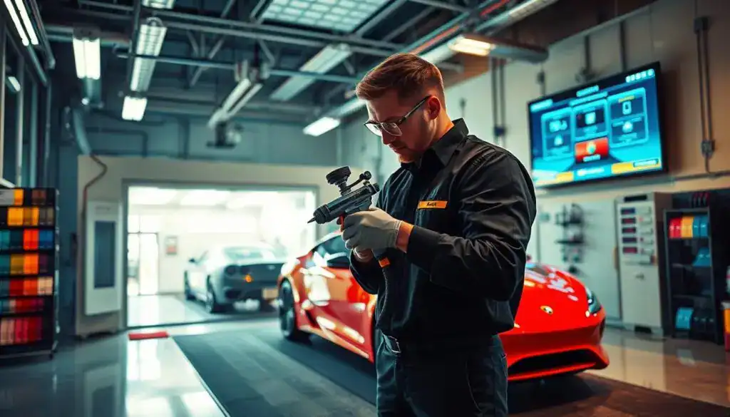 A modern auto body shop showcasing advancements in automotive painting technology. In the foreground, a technician in professional attire carefully applies a high-tech spray gun, surrounded by a vibrant array of paint samples. The middle ground features sophisticated painting booths with advanced ventilation systems and LED lighting, illuminating the workspace. In the background, a large screen displays digital interfaces for color matching and paint mixing technologies. The atmosphere is bright and innovative, highlighting the efficiency and precision of modern techniques in car refinishing. Soft shadows create depth, while warm lighting enhances the vibrant colors of the paint. The overall mood conveys professionalism and cutting-edge technology in the field of automotive painting. A modern auto body shop showcasing advancements in automotive painting technology. In the foreground, a technician in professional attire carefully applies a high-tech spray gun, surrounded by a vibrant array of paint samples. The middle ground features sophisticated painting booths with advanced ventilation systems and LED lighting, illuminating the workspace. In the background, a large screen displays digital interfaces for color matching and paint mixing technologies. The atmosphere is bright and innovative, highlighting the efficiency and precision of modern techniques in car refinishing. Soft shadows create depth, while warm lighting enhances the vibrant colors of the paint. The overall mood conveys professionalism and cutting-edge technology in the field of automotive painting.