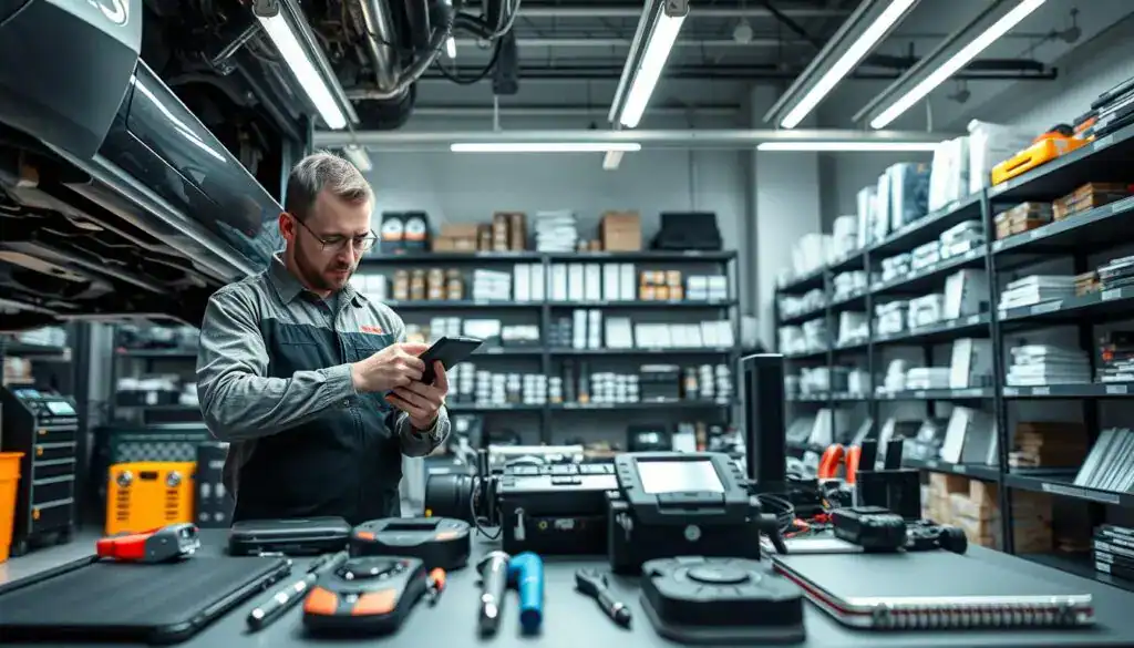 A modern automotive repair shop featuring a skilled mechanic working on a vehicle's undercarriage. In the foreground, the mechanic, dressed in professional work attire, is intently examining the technology of the car with a diagnostic tool in hand. The middle ground shows various high-tech tools and equipment neatly organized on a workbench, symbolizing the influence of technology on repair quality. In the background, there are shelves filled with parts and manuals, well-lit by bright, overhead LED lighting that creates a clean and efficient atmosphere. The overall mood is one of professionalism and innovation, emphasizing the connection between the choice of technology and the quality of repairs. A modern automotive repair shop featuring a skilled mechanic working on a vehicle's undercarriage. In the foreground, the mechanic, dressed in professional work attire, is intently examining the technology of the car with a diagnostic tool in hand. The middle ground shows various high-tech tools and equipment neatly organized on a workbench, symbolizing the influence of technology on repair quality. In the background, there are shelves filled with parts and manuals, well-lit by bright, overhead LED lighting that creates a clean and efficient atmosphere. The overall mood is one of professionalism and innovation, emphasizing the connection between the choice of technology and the quality of repairs.