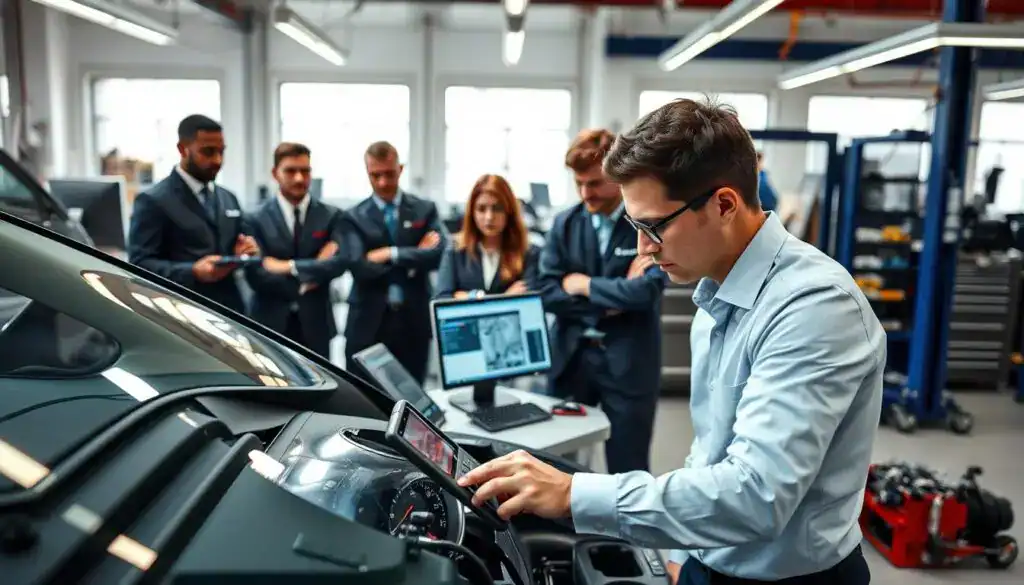 A modern automotive repair workshop, featuring a diverse group of technicians in professional business attire, collaboratively examining advanced vehicle technology. In the foreground, a focused technician uses a digital diagnostic tool on a complex electric vehicle's dashboard. The middle ground showcases a well-organized workspace with various tools and parts neatly arranged, including a computer screen displaying repair schematics. In the background, large windows let in natural light, illuminating the clean, well-maintained environment. The atmosphere is one of professionalism and collaboration, emphasizing teamwork in vehicle technology repairs. The lighting is bright and even, capturing the intricate details of the equipment and the technicians at work, with a slightly shallow depth of field to emphasize the subjects. A modern automotive repair workshop, featuring a diverse group of technicians in professional business attire, collaboratively examining advanced vehicle technology. In the foreground, a focused technician uses a digital diagnostic tool on a complex electric vehicle's dashboard. The middle ground showcases a well-organized workspace with various tools and parts neatly arranged, including a computer screen displaying repair schematics. In the background, large windows let in natural light, illuminating the clean, well-maintained environment. The atmosphere is one of professionalism and collaboration, emphasizing teamwork in vehicle technology repairs. The lighting is bright and even, capturing the intricate details of the equipment and the technicians at work, with a slightly shallow depth of field to emphasize the subjects.