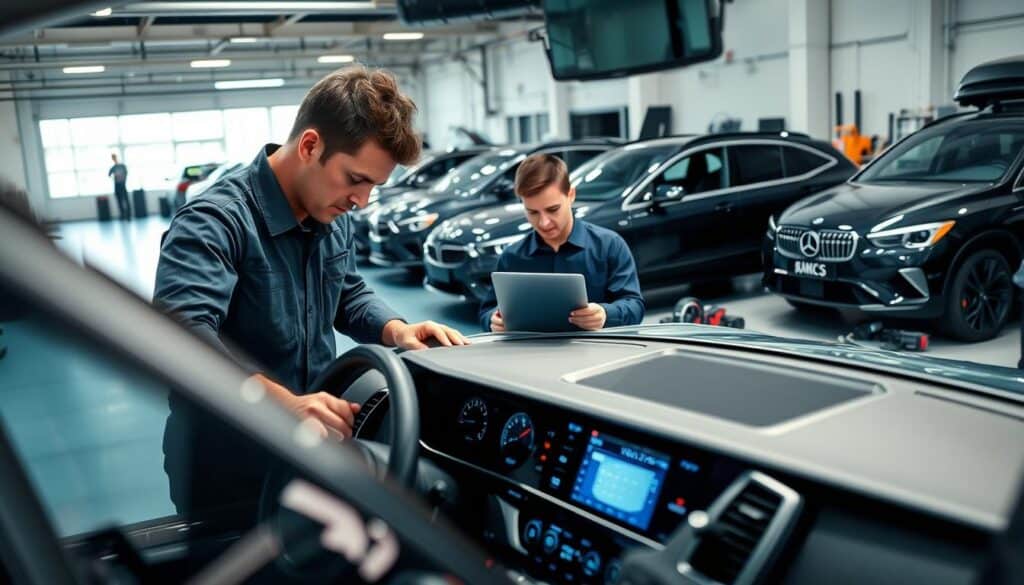 A modern automotive workshop focused on vehicle safety calibration. In the foreground, a technician in a professional uniform attentively adjusts high-tech calibration equipment on an SUV's dashboard. The middle ground features another technician examining digital calibration results on a laptop, surrounded by various automotive tools and parts. In the background, sleek vehicles of different models are parked, showcasing advanced sensors and safety features. Soft, ambient lighting illuminates the scene, highlighting the intricate technology at play. The atmosphere is focused and industrious, emphasizing the importance of precise calibration after repairs. Use a wide-angle lens to capture the depth of the workshop environment while maintaining clarity on the technicians' work. A modern automotive workshop focused on vehicle safety calibration. In the foreground, a technician in a professional uniform attentively adjusts high-tech calibration equipment on an SUV's dashboard. The middle ground features another technician examining digital calibration results on a laptop, surrounded by various automotive tools and parts. In the background, sleek vehicles of different models are parked, showcasing advanced sensors and safety features. Soft, ambient lighting illuminates the scene, highlighting the intricate technology at play. The atmosphere is focused and industrious, emphasizing the importance of precise calibration after repairs. Use a wide-angle lens to capture the depth of the workshop environment while maintaining clarity on the technicians' work.