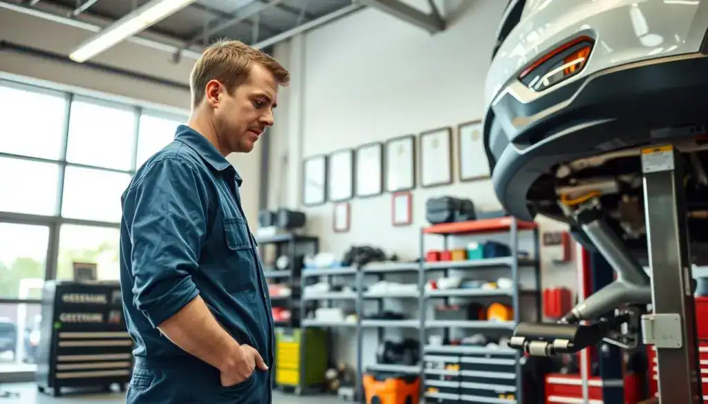 A modern automotive workshop interior, showcasing a well-organized space filled with high-quality tools and equipment. In the foreground, a professional mechanic, dressed in a clean, modest blue uniform, inspects a vehicle on a lift, examining the engine with focus. In the middle, shelves neatly stocked with spare parts and tools provide a clear view of the workshop's professionalism. In the background, large, bright windows allow natural light to flood the space, creating an inviting atmosphere. The walls are adorned with certificates and awards, emphasizing the workshop's qualifications. The lighting is bright and even, highlighting the cleanliness and orderliness of the environment. The overall mood is one of trust and expertise, reflecting the importance of choosing the right automotive service center. A modern automotive workshop interior, showcasing a well-organized space filled with high-quality tools and equipment. In the foreground, a professional mechanic, dressed in a clean, modest blue uniform, inspects a vehicle on a lift, examining the engine with focus. In the middle, shelves neatly stocked with spare parts and tools provide a clear view of the workshop's professionalism. In the background, large, bright windows allow natural light to flood the space, creating an inviting atmosphere. The walls are adorned with certificates and awards, emphasizing the workshop's qualifications. The lighting is bright and even, highlighting the cleanliness and orderliness of the environment. The overall mood is one of trust and expertise, reflecting the importance of choosing the right automotive service center.