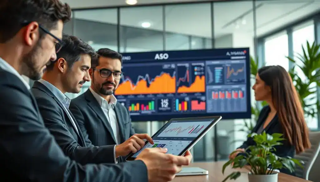 A modern business office scene highlighting the concept of ASO (Advance Pricing Agreement) and its calculator in action. In the foreground, a diverse team of three professionals, two men and one woman, are engaged in a discussion over data displayed on a sleek digital tablet. They are dressed in professional business attire, exhibiting focus and collaboration. In the middle ground, a large screen shows intricate graphs and tables related to ASO, with bright, contrasting colors that emphasize data trends. The background features a modern office with glass walls, green indoor plants, and soft ambient lighting that creates a productive atmosphere. The angle captures the energy of teamwork while maintaining a clean, organized workspace. A modern business office scene highlighting the concept of ASO (Advance Pricing Agreement) and its calculator in action. In the foreground, a diverse team of three professionals, two men and one woman, are engaged in a discussion over data displayed on a sleek digital tablet. They are dressed in professional business attire, exhibiting focus and collaboration. In the middle ground, a large screen shows intricate graphs and tables related to ASO, with bright, contrasting colors that emphasize data trends. The background features a modern office with glass walls, green indoor plants, and soft ambient lighting that creates a productive atmosphere. The angle captures the energy of teamwork while maintaining a clean, organized workspace.