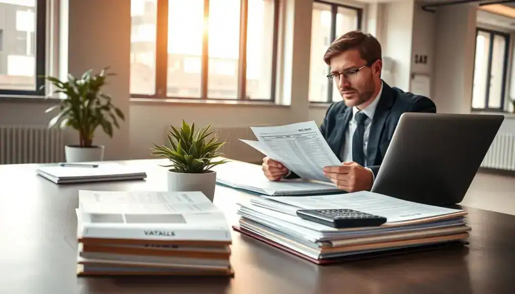 A modern office environment with a well-organized workspace featuring a large desk and a sleek laptop open to spreadsheets on VAT calculations. In the foreground, a professional businessperson, dressed in formal attire, is analyzing documents and financial reports, looking confidently at the screen. The middle ground showcases neatly stacked folders labeled with tax categories, surrounded by a balanced arrangement of a potted plant and a calculator, representing the serious nature of tax responsibilities. In the background, large windows provide a warm, natural light illuminating the space, casting soft shadows. The atmosphere is focused and productive, emphasizing the critical relationship between VAT and legal responsibilities in a professional context. A modern office environment with a well-organized workspace featuring a large desk and a sleek laptop open to spreadsheets on VAT calculations. In the foreground, a professional businessperson, dressed in formal attire, is analyzing documents and financial reports, looking confidently at the screen. The middle ground showcases neatly stacked folders labeled with tax categories, surrounded by a balanced arrangement of a potted plant and a calculator, representing the serious nature of tax responsibilities. In the background, large windows provide a warm, natural light illuminating the space, casting soft shadows. The atmosphere is focused and productive, emphasizing the critical relationship between VAT and legal responsibilities in a professional context.