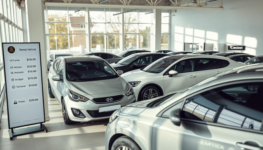 A modern rental car agency interior showcasing a variety of replacement vehicles after an accident. In the foreground, a sleek, compact car is prominently displayed with a digital information screen nearby, displaying options and pricing for replacement vehicles. In the middle ground, a diverse lineup of cars, including sedans and SUVs, are parked neatly, highlighting their pristine condition. The background features a clean and professional environment with soft lighting, emphasizing a welcoming atmosphere. Large windows reveal a sunny day outside, casting soft shadows across the scene. The overall mood is one of efficiency and reliability, perfect for illustrating the concept of replacement vehicles in the context of accident-related costs. A modern rental car agency interior showcasing a variety of replacement vehicles after an accident. In the foreground, a sleek, compact car is prominently displayed with a digital information screen nearby, displaying options and pricing for replacement vehicles. In the middle ground, a diverse lineup of cars, including sedans and SUVs, are parked neatly, highlighting their pristine condition. The background features a clean and professional environment with soft lighting, emphasizing a welcoming atmosphere. Large windows reveal a sunny day outside, casting soft shadows across the scene. The overall mood is one of efficiency and reliability, perfect for illustrating the concept of replacement vehicles in the context of accident-related costs.