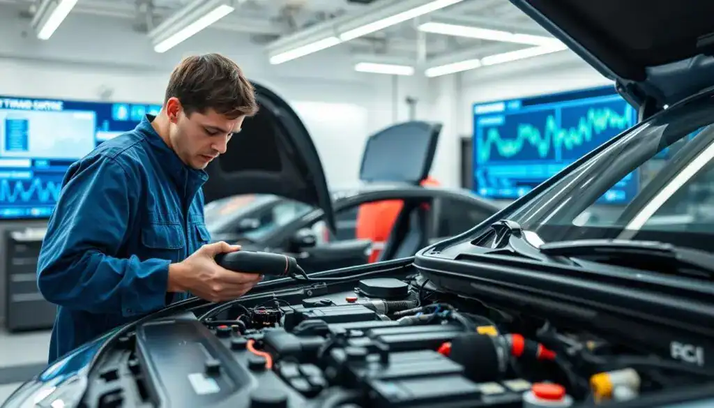 A modern vehicle diagnostic scene inside a bright, high-tech garage. In the foreground, a technician in a blue jumpsuit is focused intently on a diagnostic tool connected to a car's onboard computer, their expression serious and professional. The middle ground features the open hood of the vehicle, revealing a complex array of electronic components and wiring, with detailed labels indicating different systems. In the background, large screens display real-time diagnostic information and graphs, illuminated softly to enhance the technical atmosphere. The lighting is bright yet even, emphasizing the precision of the work environment, while the angle is slightly elevated to capture both the technician and the intricate details of the vehicle’s electronics, creating a sense of urgency and professionalism. A modern vehicle diagnostic scene inside a bright, high-tech garage. In the foreground, a technician in a blue jumpsuit is focused intently on a diagnostic tool connected to a car's onboard computer, their expression serious and professional. The middle ground features the open hood of the vehicle, revealing a complex array of electronic components and wiring, with detailed labels indicating different systems. In the background, large screens display real-time diagnostic information and graphs, illuminated softly to enhance the technical atmosphere. The lighting is bright yet even, emphasizing the precision of the work environment, while the angle is slightly elevated to capture both the technician and the intricate details of the vehicle’s electronics, creating a sense of urgency and professionalism.