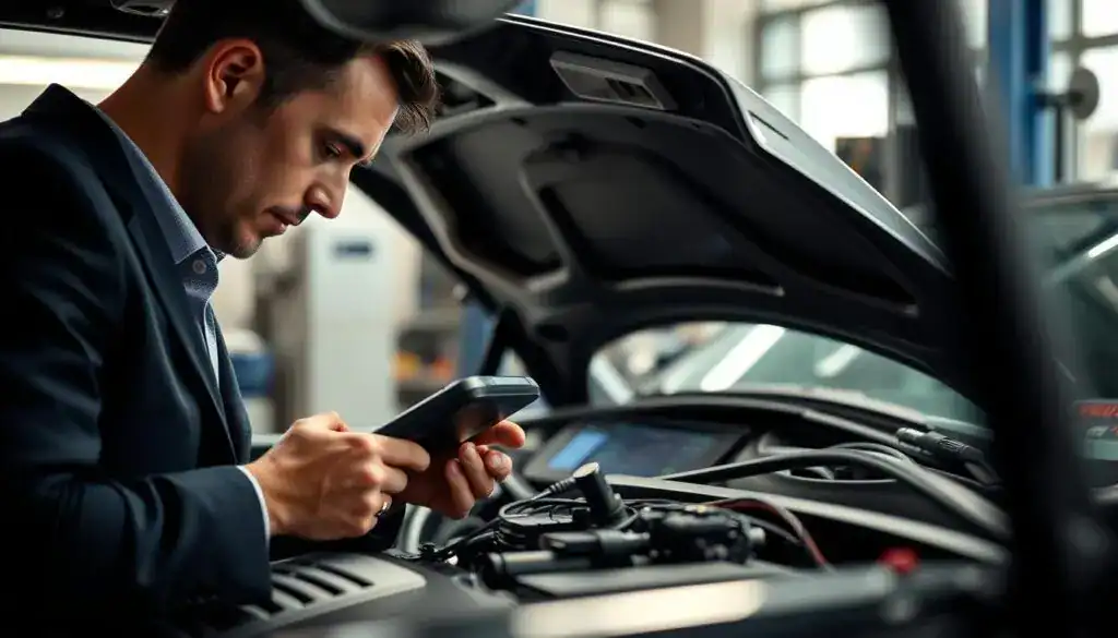 A modern vehicle diagnostics scene, focusing on the detailed inspection of electronic components. In the foreground, a technician dressed in professional business attire is examining a vehicle’s dashboard display with advanced diagnostic tools. The middle ground features an open hood with intricate wiring and electronic modules visible, showcasing a high-tech environment. Soft, natural lighting from a nearby workshop window enhances the focus on the technician's concentrated expression and the components. In the background, blurred silhouettes of other diagnostic equipment and tools contribute to the atmosphere of professionalism and precision. The overall mood is serious and technical, emphasizing attention to detail and high standards in vehicle diagnostics. A modern vehicle diagnostics scene, focusing on the detailed inspection of electronic components. In the foreground, a technician dressed in professional business attire is examining a vehicle’s dashboard display with advanced diagnostic tools. The middle ground features an open hood with intricate wiring and electronic modules visible, showcasing a high-tech environment. Soft, natural lighting from a nearby workshop window enhances the focus on the technician's concentrated expression and the components. In the background, blurred silhouettes of other diagnostic equipment and tools contribute to the atmosphere of professionalism and precision. The overall mood is serious and technical, emphasizing attention to detail and high standards in vehicle diagnostics.
