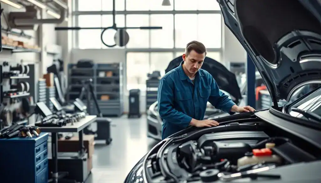 A modern workshop focused on vehicle repair services, showcasing a clean and organized space filled with high-tech tools and diagnostic equipment. In the foreground, a professional technician in a blue jumpsuit is examining the engine of a luxury car, with focused determination on their face. In the middle ground, various vehicle parts and tools are neatly arranged on workbenches, highlighting the technical nature of the services offered. The background features a large window allowing natural light to flood in, illuminating the scene with a soft, warm glow. The atmosphere is industrious yet calm, reinforcing the importance of professional vehicle maintenance in preserving value. The image is captured from a slightly elevated angle to provide a comprehensive view of the workshop. A modern workshop focused on vehicle repair services, showcasing a clean and organized space filled with high-tech tools and diagnostic equipment. In the foreground, a professional technician in a blue jumpsuit is examining the engine of a luxury car, with focused determination on their face. In the middle ground, various vehicle parts and tools are neatly arranged on workbenches, highlighting the technical nature of the services offered. The background features a large window allowing natural light to flood in, illuminating the scene with a soft, warm glow. The atmosphere is industrious yet calm, reinforcing the importance of professional vehicle maintenance in preserving value. The image is captured from a slightly elevated angle to provide a comprehensive view of the workshop.