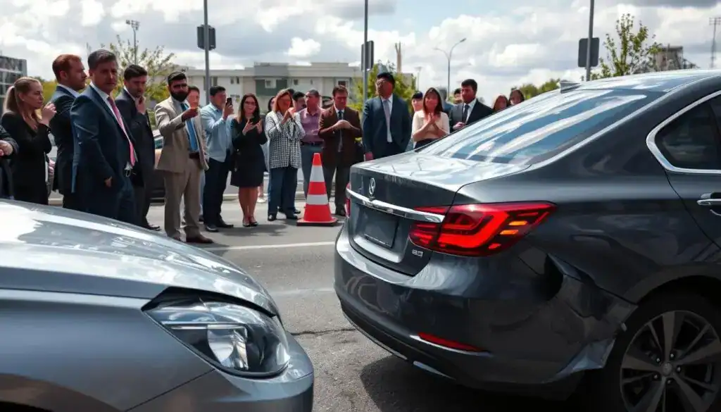 A parking scene immediately after a minor collision between two cars, capturing the moment of tension and urgency. In the foreground, one vehicle is slightly crumpled, with visible damage to the bumper, while a second car, parked just behind, shows signs of a recent impact. Surrounding the cars, a small crowd of onlookers, dressed in professional business attire, observes the situation, some taking photos with their smartphones. In the middle ground, a traffic cone and emergency brake lights flash, enhancing the sense of urgency. The background features a city street with partly cloudy skies, creating a dynamic atmosphere. Natural lighting casts soft shadows, highlighting the details of the vehicles and the expressions of the onlookers, conveying a feeling of concern and attention to detail in a moment of crisis. A parking scene immediately after a minor collision between two cars, capturing the moment of tension and urgency. In the foreground, one vehicle is slightly crumpled, with visible damage to the bumper, while a second car, parked just behind, shows signs of a recent impact. Surrounding the cars, a small crowd of onlookers, dressed in professional business attire, observes the situation, some taking photos with their smartphones. In the middle ground, a traffic cone and emergency brake lights flash, enhancing the sense of urgency. The background features a city street with partly cloudy skies, creating a dynamic atmosphere. Natural lighting casts soft shadows, highlighting the details of the vehicles and the expressions of the onlookers, conveying a feeling of concern and attention to detail in a moment of crisis.