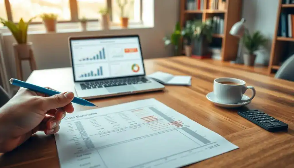 A partially completed cost estimate document laid flat on a sleek wooden desk, with charts and figures in soft focus surrounding it. In the foreground, a hand holding a blue pen hovers above the document, as if about to add missing details. In the middle, an open laptop displays graphs and a spreadsheet with red annotations suggesting areas needing analysis. Nearby, a calculator sits beside a cup of coffee, creating a workspace atmosphere. The background features a softly lit office setting with shelves filled with books and plants, suggesting professionalism and focus. Warm, natural lighting filters through a window, casting gentle shadows and creating a thoughtful, analytical mood in the environment. A partially completed cost estimate document laid flat on a sleek wooden desk, with charts and figures in soft focus surrounding it. In the foreground, a hand holding a blue pen hovers above the document, as if about to add missing details. In the middle, an open laptop displays graphs and a spreadsheet with red annotations suggesting areas needing analysis. Nearby, a calculator sits beside a cup of coffee, creating a workspace atmosphere. The background features a softly lit office setting with shelves filled with books and plants, suggesting professionalism and focus. Warm, natural lighting filters through a window, casting gentle shadows and creating a thoughtful, analytical mood in the environment.