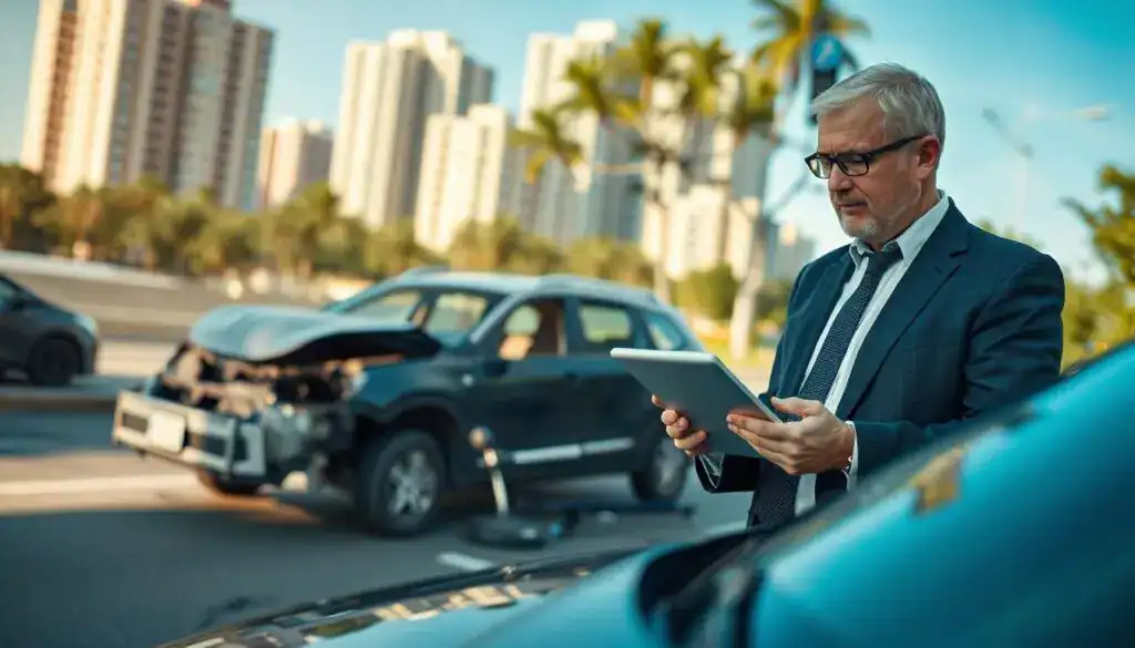 A professional accident advisor evaluating a car accident scene, focused on assessing damage for compensation claims. In the foreground, show the advisor, a middle-aged individual in a formal business suit, using a tablet to take notes while pointing at a damaged vehicle. In the middle, feature the wrecked car with visible dents and broken glass, parked on a city street. In the background, include a blurred view of an urban landscape with tall buildings and trees, under a bright blue sky. Use soft, natural lighting to create an approachable and serious atmosphere, capturing the essence of professionalism and careful evaluation. The angle should be slightly elevated to provide a comprehensive view of the scene. A professional accident advisor evaluating a car accident scene, focused on assessing damage for compensation claims. In the foreground, show the advisor, a middle-aged individual in a formal business suit, using a tablet to take notes while pointing at a damaged vehicle. In the middle, feature the wrecked car with visible dents and broken glass, parked on a city street. In the background, include a blurred view of an urban landscape with tall buildings and trees, under a bright blue sky. Use soft, natural lighting to create an approachable and serious atmosphere, capturing the essence of professionalism and careful evaluation. The angle should be slightly elevated to provide a comprehensive view of the scene.