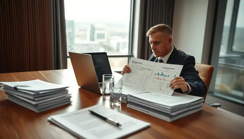 A professional advisor sitting at a sleek wooden desk in a modern office, carefully reviewing documents related to compensation claims. The foreground features organized stacks of papers and a laptop displaying an intricate spreadsheet. In the middle, a clear glass of water and a smart pen add a touch of elegance. The background showcases a large window revealing a cityscape of Germany, with soft natural light streaming in, casting gentle shadows in the room. The mood is serious and focused, emphasizing the importance of financial documentation and guidance for victims. The professional advisor is dressed in smart business attire, exuding confidence and expertise. The camera angle is a slightly elevated side view, highlighting the determination and diligence in their work. A professional advisor sitting at a sleek wooden desk in a modern office, carefully reviewing documents related to compensation claims. The foreground features organized stacks of papers and a laptop displaying an intricate spreadsheet. In the middle, a clear glass of water and a smart pen add a touch of elegance. The background showcases a large window revealing a cityscape of Germany, with soft natural light streaming in, casting gentle shadows in the room. The mood is serious and focused, emphasizing the importance of financial documentation and guidance for victims. The professional advisor is dressed in smart business attire, exuding confidence and expertise. The camera angle is a slightly elevated side view, highlighting the determination and diligence in their work.