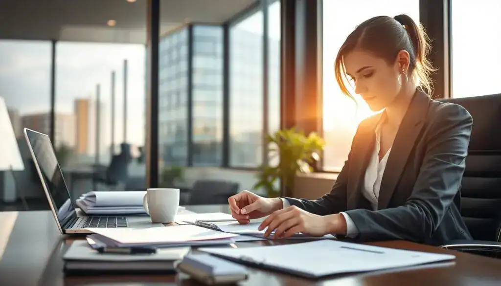 A professional and reassuring scene depicting the process of claiming compensation. In the foreground, a businesswoman in professional attire sits at a desk, reviewing paperwork with a focused expression. Her desk is cluttered with claims documents, a laptop, and a coffee cup. In the middle, a large window captures a glimpse of an office building, symbolizing the insurance company. The background features soft sunlight filtering through, creating a warm and inviting atmosphere. The overall mood is one of determination and clarity, reflecting the complexity of navigating insurance procedures. The image captures the essence of support and guidance needed during the claims process, emphasizing professionalism and trust. A professional and reassuring scene depicting the process of claiming compensation. In the foreground, a businesswoman in professional attire sits at a desk, reviewing paperwork with a focused expression. Her desk is cluttered with claims documents, a laptop, and a coffee cup. In the middle, a large window captures a glimpse of an office building, symbolizing the insurance company. The background features soft sunlight filtering through, creating a warm and inviting atmosphere. The overall mood is one of determination and clarity, reflecting the complexity of navigating insurance procedures. The image captures the essence of support and guidance needed during the claims process, emphasizing professionalism and trust.