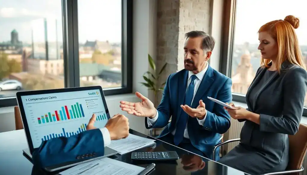A professional and serious scene depicting a financial advisor consulting with a client in a modern office setting in Germany. In the foreground, showcase the advisor, a middle-aged man in a crisp blue suit, gesturing towards a laptop displaying charts and estimates related to compensation claims. The client, a woman in a smart business dress, is actively taking notes. In the middle, a desk scattered with documents and a small calculator emphasizes diligent analysis. In the background, large windows provide natural light, revealing a cityscape with iconic German architecture, casting a warm and inviting atmosphere. Use soft, diffused lighting to create a focused, yet calm mood, emphasizing professionalism and trust in the consultation process. A professional and serious scene depicting a financial advisor consulting with a client in a modern office setting in Germany. In the foreground, showcase the advisor, a middle-aged man in a crisp blue suit, gesturing towards a laptop displaying charts and estimates related to compensation claims. The client, a woman in a smart business dress, is actively taking notes. In the middle, a desk scattered with documents and a small calculator emphasizes diligent analysis. In the background, large windows provide natural light, revealing a cityscape with iconic German architecture, casting a warm and inviting atmosphere. Use soft, diffused lighting to create a focused, yet calm mood, emphasizing professionalism and trust in the consultation process.