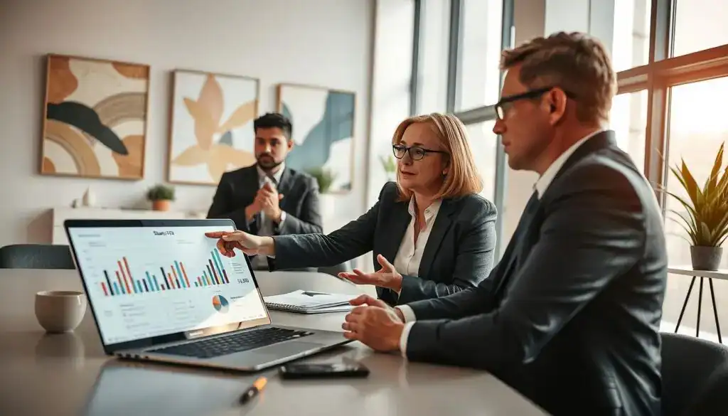 A professional and thoughtful office setting featuring a diverse group of business professionals gathered around a large conference table, discussing the topic of "Stawki ASO." In the foreground, a middle-aged woman in smart business attire points to a detailed chart on a laptop screen, illustrating data trends and statistics. To the side, a young man takes notes while another colleague gestures thoughtfully, emphasizing collaboration. The middle ground showcases a sleek, modern conference room with large windows allowing natural light to flood in, creating a warm atmosphere. In the background, abstract art and plant decor add a touch of creativity to the environment. The lighting is soft yet bright, conveying a sense of focus and professionalism, captured from a slightly elevated angle to encompass the entire group dynamic. A professional and thoughtful office setting featuring a diverse group of business professionals gathered around a large conference table, discussing the topic of "Stawki ASO." In the foreground, a middle-aged woman in smart business attire points to a detailed chart on a laptop screen, illustrating data trends and statistics. To the side, a young man takes notes while another colleague gestures thoughtfully, emphasizing collaboration. The middle ground showcases a sleek, modern conference room with large windows allowing natural light to flood in, creating a warm atmosphere. In the background, abstract art and plant decor add a touch of creativity to the environment. The lighting is soft yet bright, conveying a sense of focus and professionalism, captured from a slightly elevated angle to encompass the entire group dynamic.