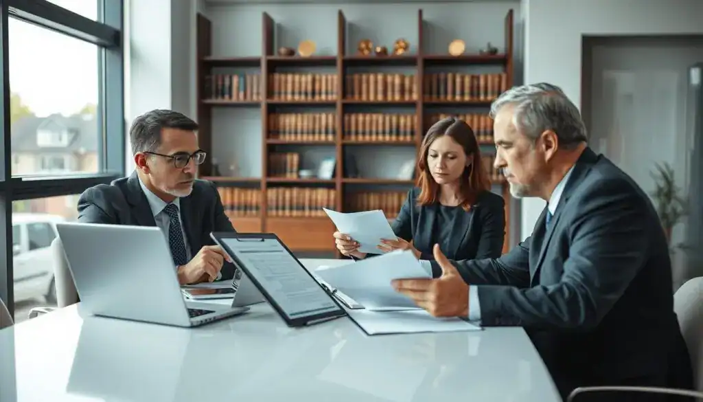A professional appraiser and expert engaged in an insurance claim process, sitting at a sleek conference table filled with documents and a laptop. In the foreground, the appraiser, a middle-aged man in a tailored suit, is intently reviewing a report, while gesturing towards a tablet displaying data. The middle layer includes another expert, a woman in a smart business dress, taking notes on a notepad, with a thoughtful expression. The background features a modern office with large windows letting in natural light, and shelves lined with law books and awards. The atmosphere is serious yet collaborative, capturing the essence of professional consultation and evaluation in a clear, bright environment, using soft focus for depth. A professional appraiser and expert engaged in an insurance claim process, sitting at a sleek conference table filled with documents and a laptop. In the foreground, the appraiser, a middle-aged man in a tailored suit, is intently reviewing a report, while gesturing towards a tablet displaying data. The middle layer includes another expert, a woman in a smart business dress, taking notes on a notepad, with a thoughtful expression. The background features a modern office with large windows letting in natural light, and shelves lined with law books and awards. The atmosphere is serious yet collaborative, capturing the essence of professional consultation and evaluation in a clear, bright environment, using soft focus for depth.