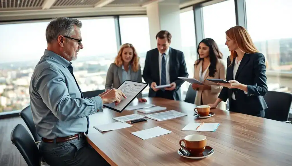 A professional business meeting scene set in a modern office in Germany, where a diverse group of business people, dressed in smart business attire, are engaged in a discussion about VAT service repair. In the foreground, a middle-aged man points at a digital report on a tablet, while a young woman takes notes, showing keen interest. The middle ground features a large conference table with documents and coffee cups scattered around, highlighting a collaborative atmosphere. The background shows a panoramic view of the city through large windows, letting in natural light, creating a bright and optimistic mood. Soft shadows add depth, while the overall focus is sharp to emphasize the seriousness of the discussions taking place. A professional business meeting scene set in a modern office in Germany, where a diverse group of business people, dressed in smart business attire, are engaged in a discussion about VAT service repair. In the foreground, a middle-aged man points at a digital report on a tablet, while a young woman takes notes, showing keen interest. The middle ground features a large conference table with documents and coffee cups scattered around, highlighting a collaborative atmosphere. The background shows a panoramic view of the city through large windows, letting in natural light, creating a bright and optimistic mood. Soft shadows add depth, while the overall focus is sharp to emphasize the seriousness of the discussions taking place.