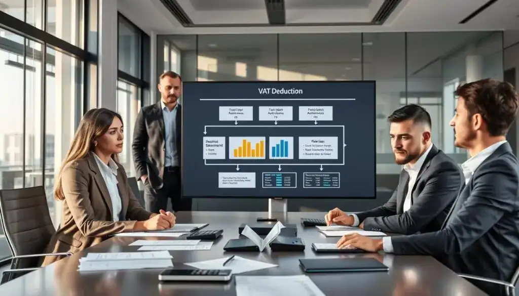 A professional business setting depicting the concept of VAT deduction and tax relief in the context of German law, specifically § 249 Abs. 2 S. 2 BGB. In the foreground, a diverse group of four business professionals, dressed in smart business attire, are gathered around a sleek conference table filled with papers, calculators, and financial charts. In the middle, a large digital screen displays a flowchart outlining VAT processes and tax reductions, with graphs illustrating key statistics. The background features a modern office environment with large windows allowing soft, natural light to illuminate the scene, casting subtle shadows. The atmosphere is serious yet collaborative, focusing on finance and legal discussions, emphasizing clarity and professionalism. A professional business setting depicting the concept of VAT deduction and tax relief in the context of German law, specifically § 249 Abs. 2 S. 2 BGB. In the foreground, a diverse group of four business professionals, dressed in smart business attire, are gathered around a sleek conference table filled with papers, calculators, and financial charts. In the middle, a large digital screen displays a flowchart outlining VAT processes and tax reductions, with graphs illustrating key statistics. The background features a modern office environment with large windows allowing soft, natural light to illuminate the scene, casting subtle shadows. The atmosphere is serious yet collaborative, focusing on finance and legal discussions, emphasizing clarity and professionalism.