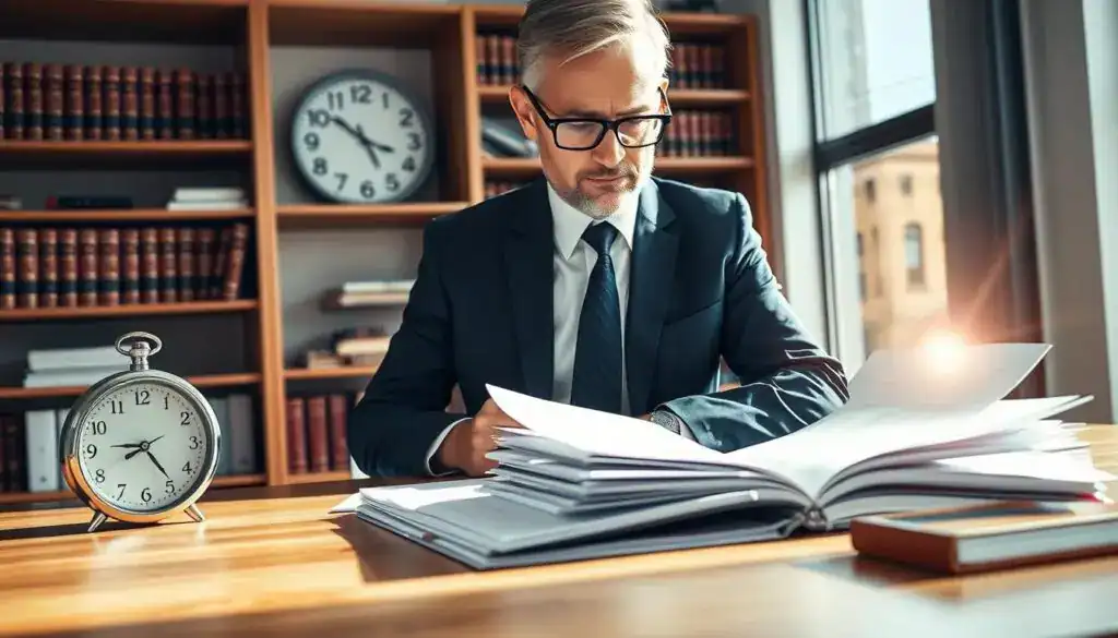 A professional business setting illustrating the concept of "statute of limitations" with a focus on individual assessment. In the foreground, a well-dressed lawyer, wearing a navy suit and glasses, is examining a stack of legal documents on a modern wooden desk, looking thoughtful. In the middle ground, a clock on the wall shows time passing, symbolizing urgency. The background features shelves filled with law books and a window letting natural light pour in, creating a warm and focused atmosphere. Soft shadows enhance the depth of the scene, while a subtle lens flare adds a touch of optimism, reflecting the importance of understanding the starting point for the statute of limitations. The overall mood is serious yet hopeful, emphasizing the significance of individual evaluation in legal matters. A professional business setting illustrating the concept of "statute of limitations" with a focus on individual assessment. In the foreground, a well-dressed lawyer, wearing a navy suit and glasses, is examining a stack of legal documents on a modern wooden desk, looking thoughtful. In the middle ground, a clock on the wall shows time passing, symbolizing urgency. The background features shelves filled with law books and a window letting natural light pour in, creating a warm and focused atmosphere. Soft shadows enhance the depth of the scene, while a subtle lens flare adds a touch of optimism, reflecting the importance of understanding the starting point for the statute of limitations. The overall mood is serious yet hopeful, emphasizing the significance of individual evaluation in legal matters.