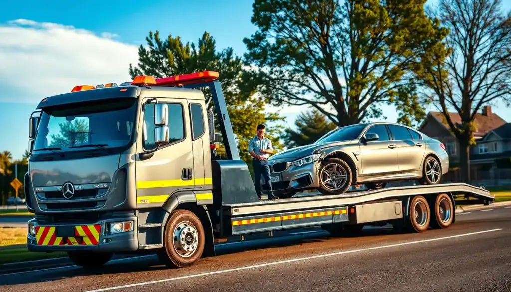 A professional car towing scene, featuring a sleek tow truck in the foreground, equipped with an advanced towing mechanism. The truck has bright reflective stripes and flashing lights, parked beside a damaged vehicle on the side of a road. In the middle ground, a human figure in a crisp, professional uniform is carefully securing the damaged car to the tow truck. The background shows a suburban setting with trees and a clear blue sky, giving a sense of a pleasant day. Soft sunlight casts gentle shadows, creating a sense of realism and professionalism. The mood is calm and focused, highlighting the importance of safe vehicle recovery in a responsible manner. A professional car towing scene, featuring a sleek tow truck in the foreground, equipped with an advanced towing mechanism. The truck has bright reflective stripes and flashing lights, parked beside a damaged vehicle on the side of a road. In the middle ground, a human figure in a crisp, professional uniform is carefully securing the damaged car to the tow truck. The background shows a suburban setting with trees and a clear blue sky, giving a sense of a pleasant day. Soft sunlight casts gentle shadows, creating a sense of realism and professionalism. The mood is calm and focused, highlighting the importance of safe vehicle recovery in a responsible manner.