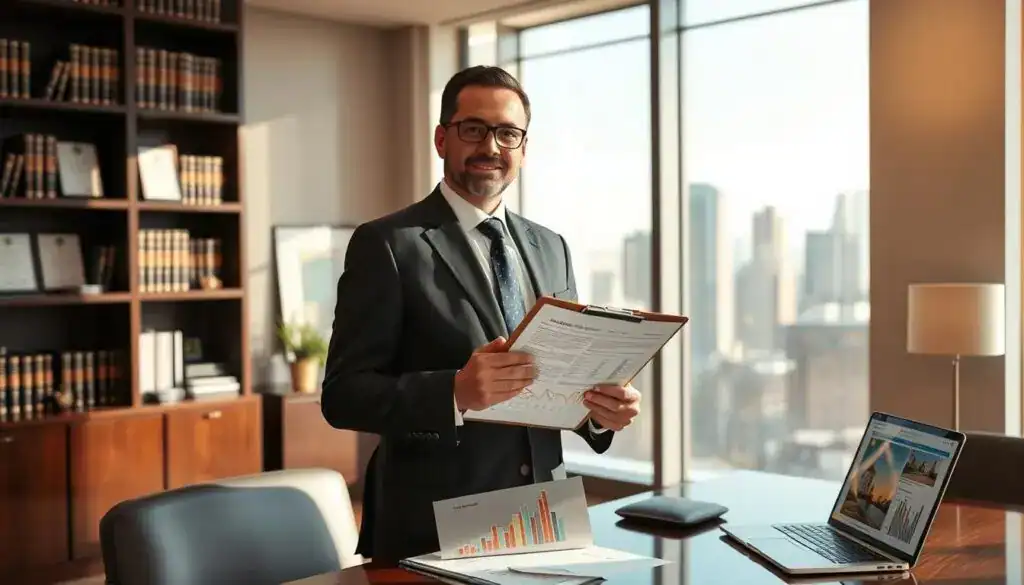 A professional expert, dressed in a tailored business suit, stands confidently in an elegantly furnished office with large windows showcasing a city skyline. In his hands, he holds a clipboard with detailed documentation regarding property damage assessment. On the desk, a laptop displays graphs and images related to the assessment process. The lighting is warm and natural, casting gentle shadows, creating a focused yet inviting atmosphere. The background features shelves filled with legal books and certificates, symbolizing expertise and authority in the field. The overall mood conveys professionalism and trust, highlighting the expert's role in evaluating damage independently, emphasizing his competence and reliability in making crucial assessments. A professional expert, dressed in a tailored business suit, stands confidently in an elegantly furnished office with large windows showcasing a city skyline. In his hands, he holds a clipboard with detailed documentation regarding property damage assessment. On the desk, a laptop displays graphs and images related to the assessment process. The lighting is warm and natural, casting gentle shadows, creating a focused yet inviting atmosphere. The background features shelves filled with legal books and certificates, symbolizing expertise and authority in the field. The overall mood conveys professionalism and trust, highlighting the expert's role in evaluating damage independently, emphasizing his competence and reliability in making crucial assessments.