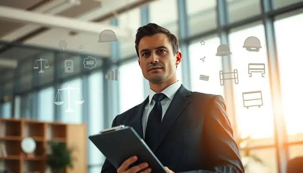 A professional individual in a smart business suit stands in the foreground, looking determined, with a clipboard in hand, symbolizing responsibility. In the middle ground, several abstract icons representing risk management, such as scales of justice, safety helmets, and protective barriers, float around them. The background features a serene office environment with large windows letting in soft, diffused sunlight, creating a warm and inviting atmosphere. The lighting should highlight the subject's face, conveying a sense of focus and integrity. The overall mood of the image should reflect a balance between professionalism and vigilance, emphasizing the importance of mitigating harm in a corporate setting. The perspective is slightly angled from below to give a sense of empowerment to the subject. A professional individual in a smart business suit stands in the foreground, looking determined, with a clipboard in hand, symbolizing responsibility. In the middle ground, several abstract icons representing risk management, such as scales of justice, safety helmets, and protective barriers, float around them. The background features a serene office environment with large windows letting in soft, diffused sunlight, creating a warm and inviting atmosphere. The lighting should highlight the subject's face, conveying a sense of focus and integrity. The overall mood of the image should reflect a balance between professionalism and vigilance, emphasizing the importance of mitigating harm in a corporate setting. The perspective is slightly angled from below to give a sense of empowerment to the subject.