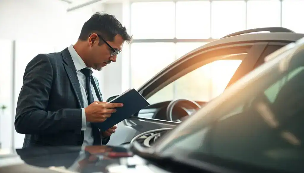 A professional insurance adjuster examining a damaged vehicle in a bright, well-lit office setting. In the foreground, the adjuster, dressed in formal business attire, is closely inspecting the vehicle while taking notes on a clipboard. In the middle, the damaged car shows signs of impact, with crumpled metal and shattered glass. Bright overhead lights illuminate the scene, casting soft shadows that create a focused atmosphere. In the background, a large window reveals a sunny day, hinting at an outside view that contrasts with the seriousness of the evaluation process. The mood is one of diligence and professionalism, underscoring the importance of thorough damage assessment in the insurance process. A professional insurance adjuster examining a damaged vehicle in a bright, well-lit office setting. In the foreground, the adjuster, dressed in formal business attire, is closely inspecting the vehicle while taking notes on a clipboard. In the middle, the damaged car shows signs of impact, with crumpled metal and shattered glass. Bright overhead lights illuminate the scene, casting soft shadows that create a focused atmosphere. In the background, a large window reveals a sunny day, hinting at an outside view that contrasts with the seriousness of the evaluation process. The mood is one of diligence and professionalism, underscoring the importance of thorough damage assessment in the insurance process.