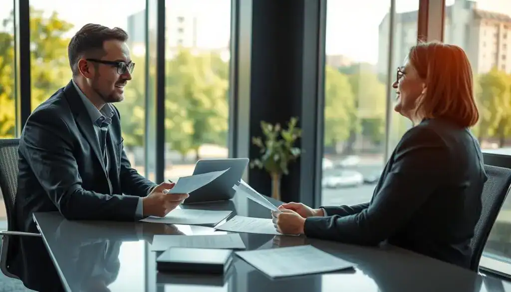 A professional insurance advisor sitting at a sleek modern desk, engaged in a serious conversation with a client, who looks relieved and attentive. The advisor, dressed in professional business attire, is explaining paperwork related to an accident claim. In the background, large windows reveal a bright cityscape of Berlin, with green trees lining the street below, suggesting a sense of renewal and hope. Soft, natural lighting from the windows illuminates the scene, creating an atmosphere of trust and collaboration. The focus is on the interaction, with the desk featuring relevant documents and a laptop open, emphasizing the theme of cooperation with an insurance provider after an accident. The overall mood is supportive and professional. A professional insurance advisor sitting at a sleek modern desk, engaged in a serious conversation with a client, who looks relieved and attentive. The advisor, dressed in professional business attire, is explaining paperwork related to an accident claim. In the background, large windows reveal a bright cityscape of Berlin, with green trees lining the street below, suggesting a sense of renewal and hope. Soft, natural lighting from the windows illuminates the scene, creating an atmosphere of trust and collaboration. The focus is on the interaction, with the desk featuring relevant documents and a laptop open, emphasizing the theme of cooperation with an insurance provider after an accident. The overall mood is supportive and professional.