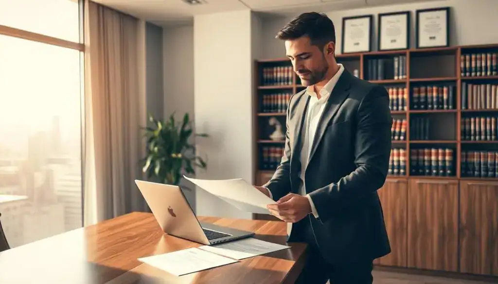 A professional insurance lawyer stands confidently in a sleek modern office, reviewing case documents on a polished wooden desk. He wears a tailored dark suit and a crisp white shirt, exuding authority and professionalism. In the background, shelves filled with legal books and framed awards create an atmosphere of expertise. Soft, warm lighting illuminates the scene, casting gentle shadows that enhance the depth. A large window reveals a cityscape, suggesting a bustling urban environment. The lawyer looks thoughtfully at a laptop, embodying determination and focus. The overall mood is serious yet approachable, reflecting the importance of having an expert like him to navigate complex insurance matters effectively. A professional insurance lawyer stands confidently in a sleek modern office, reviewing case documents on a polished wooden desk. He wears a tailored dark suit and a crisp white shirt, exuding authority and professionalism. In the background, shelves filled with legal books and framed awards create an atmosphere of expertise. Soft, warm lighting illuminates the scene, casting gentle shadows that enhance the depth. A large window reveals a cityscape, suggesting a bustling urban environment. The lawyer looks thoughtfully at a laptop, embodying determination and focus. The overall mood is serious yet approachable, reflecting the importance of having an expert like him to navigate complex insurance matters effectively.