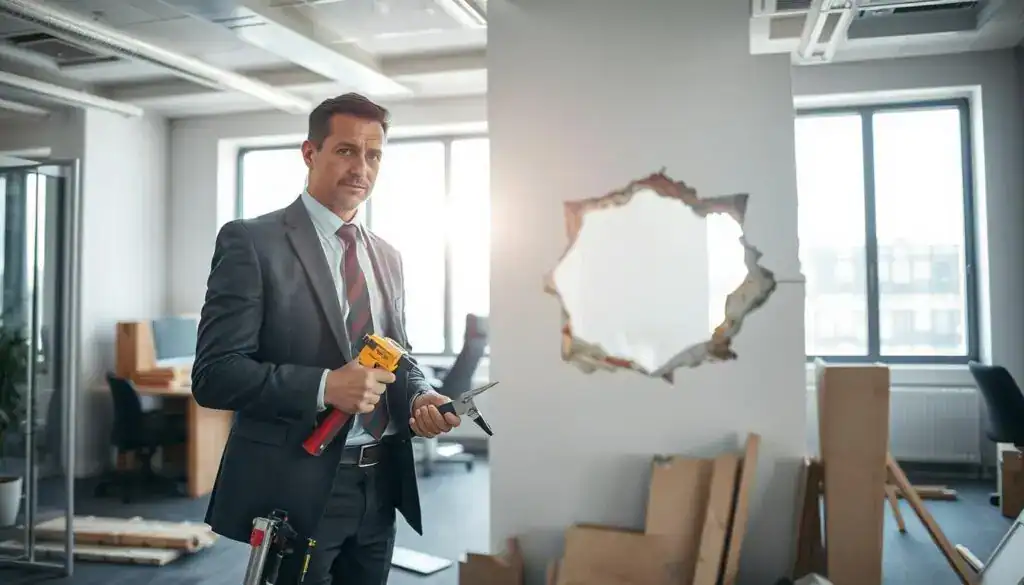 A professional interior scene depicting a well-organized office space undergoing damage repair. In the foreground, a skilled contractor in a smart business attire carefully examines a damaged wall with tools in hand. The middle ground features a partially restored broken section of the wall, showcasing quality workmanship, with construction materials neatly arranged. In the background, bright daylight spills through a large window, illuminating the workspace and emphasizing a sense of urgency and diligence in the atmosphere. The overall mood conveys professionalism, attention to detail, and a commitment to proper repair practices, ensuring the costs reflect the necessary care. The composition should be framed from a slightly low angle to highlight the contractor's focused expression and the intricate details of the renovation work. A professional interior scene depicting a well-organized office space undergoing damage repair. In the foreground, a skilled contractor in a smart business attire carefully examines a damaged wall with tools in hand. The middle ground features a partially restored broken section of the wall, showcasing quality workmanship, with construction materials neatly arranged. In the background, bright daylight spills through a large window, illuminating the workspace and emphasizing a sense of urgency and diligence in the atmosphere. The overall mood conveys professionalism, attention to detail, and a commitment to proper repair practices, ensuring the costs reflect the necessary care. The composition should be framed from a slightly low angle to highlight the contractor's focused expression and the intricate details of the renovation work.