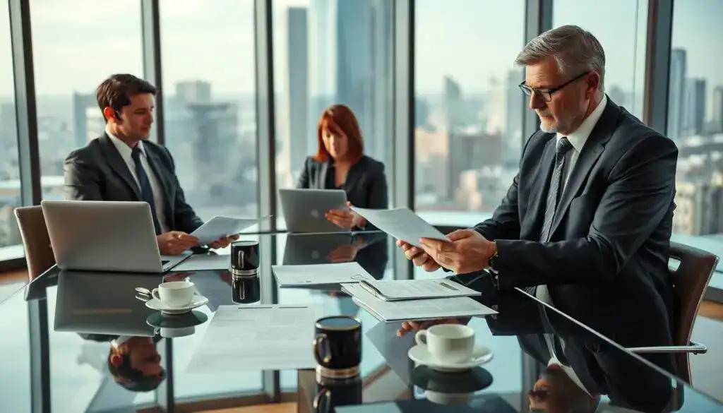 A professional lawyer and a financial expert engaged in a serious negotiation over an insurance claim in a modern office setting. In the foreground, a middle-aged lawyer in a tailored dark suit, examining documents with a focused expression, while a business-casual-dressed financial expert reviews the paperwork on a laptop. In the middle ground, a large glass conference table filled with legal documents, a laptop, and coffee cups. The background includes a sleek office with large windows showcasing a cityscape, letting in natural light that gives a bright and professional atmosphere. The overall mood is one of determination and professionalism, highlighting the negotiation process essential in dealing with insurance claims. A professional lawyer and a financial expert engaged in a serious negotiation over an insurance claim in a modern office setting. In the foreground, a middle-aged lawyer in a tailored dark suit, examining documents with a focused expression, while a business-casual-dressed financial expert reviews the paperwork on a laptop. In the middle ground, a large glass conference table filled with legal documents, a laptop, and coffee cups. The background includes a sleek office with large windows showcasing a cityscape, letting in natural light that gives a bright and professional atmosphere. The overall mood is one of determination and professionalism, highlighting the negotiation process essential in dealing with insurance claims.