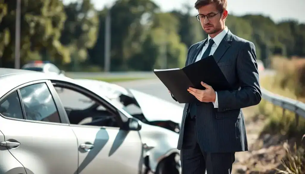 A professional lawyer in formal business attire, standing confidently beside a damaged vehicle on the side of a road, examining accident documentation. In the foreground, the lawyer holds a legal file, with a focused expression, showcasing determination and expertise. The middle ground features the wrecked car, with visibly crumpled fenders and shattered windows, while a blurred police car can be seen in the background, indicating an ongoing investigation. The lighting is natural, suggesting a bright day, enhancing the seriousness of the scene. The angle is slightly low, empowering the lawyer’s presence as they engage in the process of assessing the accident. The mood conveys a sense of urgency and professionalism, emphasizing the importance of legal assistance after a traffic accident. A professional lawyer in formal business attire, standing confidently beside a damaged vehicle on the side of a road, examining accident documentation. In the foreground, the lawyer holds a legal file, with a focused expression, showcasing determination and expertise. The middle ground features the wrecked car, with visibly crumpled fenders and shattered windows, while a blurred police car can be seen in the background, indicating an ongoing investigation. The lighting is natural, suggesting a bright day, enhancing the seriousness of the scene. The angle is slightly low, empowering the lawyer’s presence as they engage in the process of assessing the accident. The mood conveys a sense of urgency and professionalism, emphasizing the importance of legal assistance after a traffic accident.