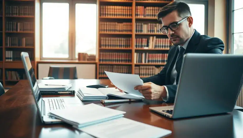 A professional lawyer specializing in traffic accident cases in Germany, seated at an elegant wooden desk in a modern office. The lawyer is wearing a tailored dark suit and glasses, with a focused expression while reviewing legal documents and paperwork. In the foreground, a laptop and a few legal files are neatly arranged on the desk. In the middle ground, a large bookcase filled with legal texts and law books creates an intellectual atmosphere. The background features large windows with soft natural light streaming in, illuminating the scene and creating a warm and inviting mood. The overall composition should convey professionalism, trustworthiness, and a sense of support for beginners navigating legal claims against insurance companies. The angle is slightly from above, showcasing the lawyer’s interaction with their work.